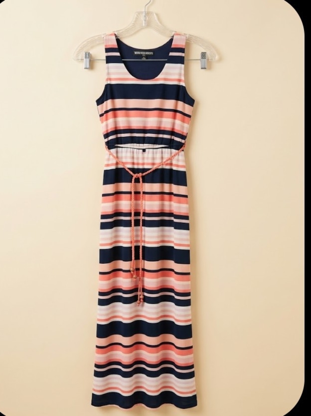 Three Pink Hearts Navy and Coral Striped Sleeveless Maxi Dress Juniors Size SMAL